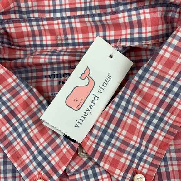 Vineyard Vines Performance Mens Whale Shirt XL Pink Blue Plaid Button Up Classic - Picture 4 of 11
